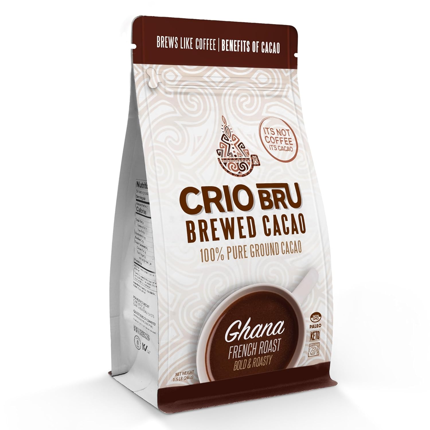 Crio Bru Brewed Cacao Ghana French Roast 1.5lb (24oz) Bag – Coffee Alternative Natural Healthy Drink | 100% Pure Ground Cacao Beans | 99.99% Caffeine Free, Keto, Low Carb, Paleo, Brew And Enjoy Hot or Iced
