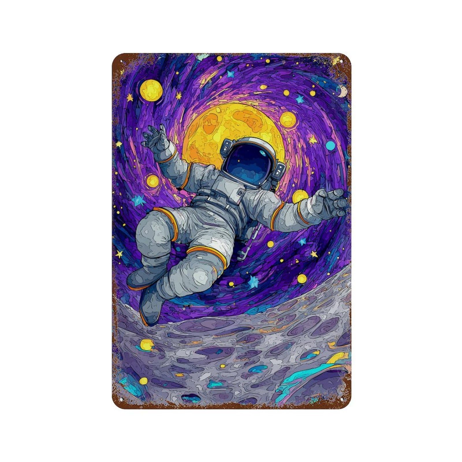 Rust Effect Cosmic Astronaut Journey-4 Aged Metal Wall Plaque 11.8"x7.9", Shabby Chic Decor for Living Room, Hallway And Home Decor