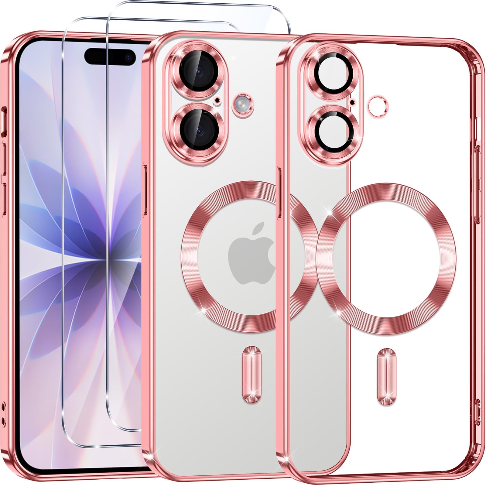 Phoona Pokrowiec na telefon iPhone 17 6,3 cala, obiektyw aparatu pełna ochrona i szkło hartowane 2 × szkło hartowane, kompatybilny z bezprzewodowym ładowaniem MagSafe, ochrona wojskowa, różowy