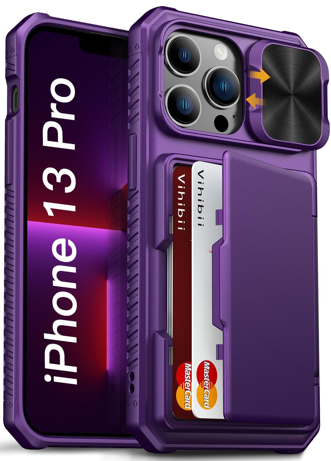 Vihibii for iPhone 13 Pro Wallet Case with Card Holder (4 Cards), [RFID Blocking] & Slide Camera Lens Cover & Raised Edges Protect Screen, Shockproof