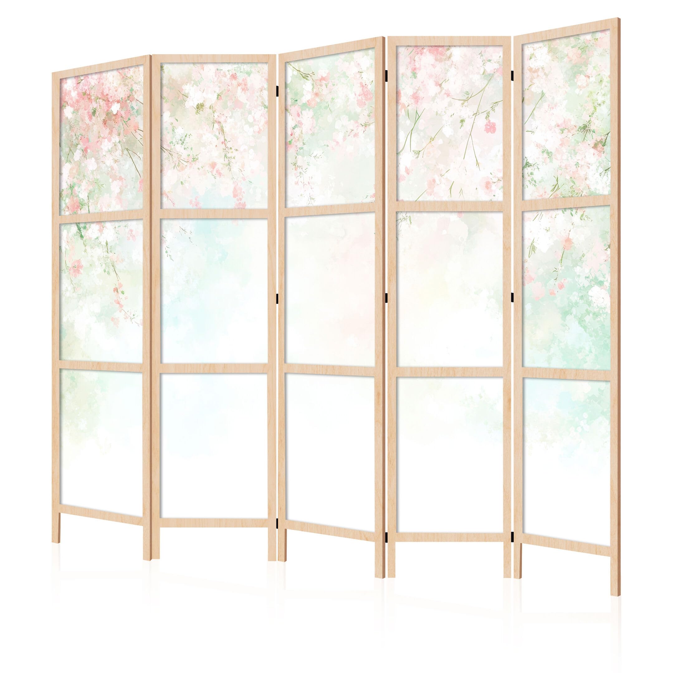 Biombo Separador de Ambientes Unilateral - en Estilo Japonés - Biombos Separadores de 5 Paneles - Biombos Decorativos para Divisor Ambientes - Motivo Flores - 225x172 cm
