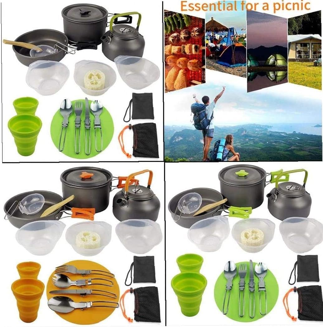 Camping Cookware Mess Kit, Outdoor Cooking Tools Set,Lightweight Pot Pan Kettle Fork Knife Spoon Kit Camping Picnic Hiking Utensils (Color : Green)