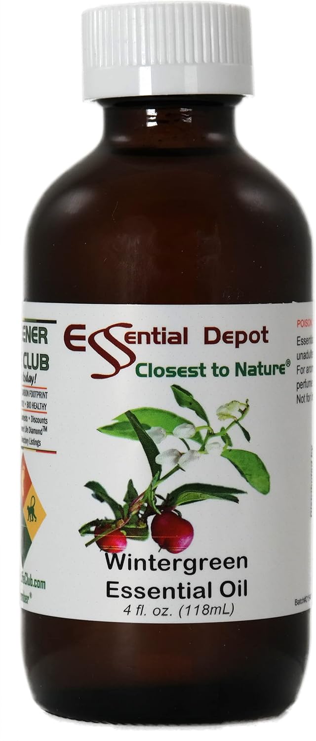 Essential Depot Wintergreen Essential Oil - GC/MS Tested - Supplied in 4 oz. Amber Glass Bottle with Black Phenolic Cone Lined and Safety Sealed Cap
