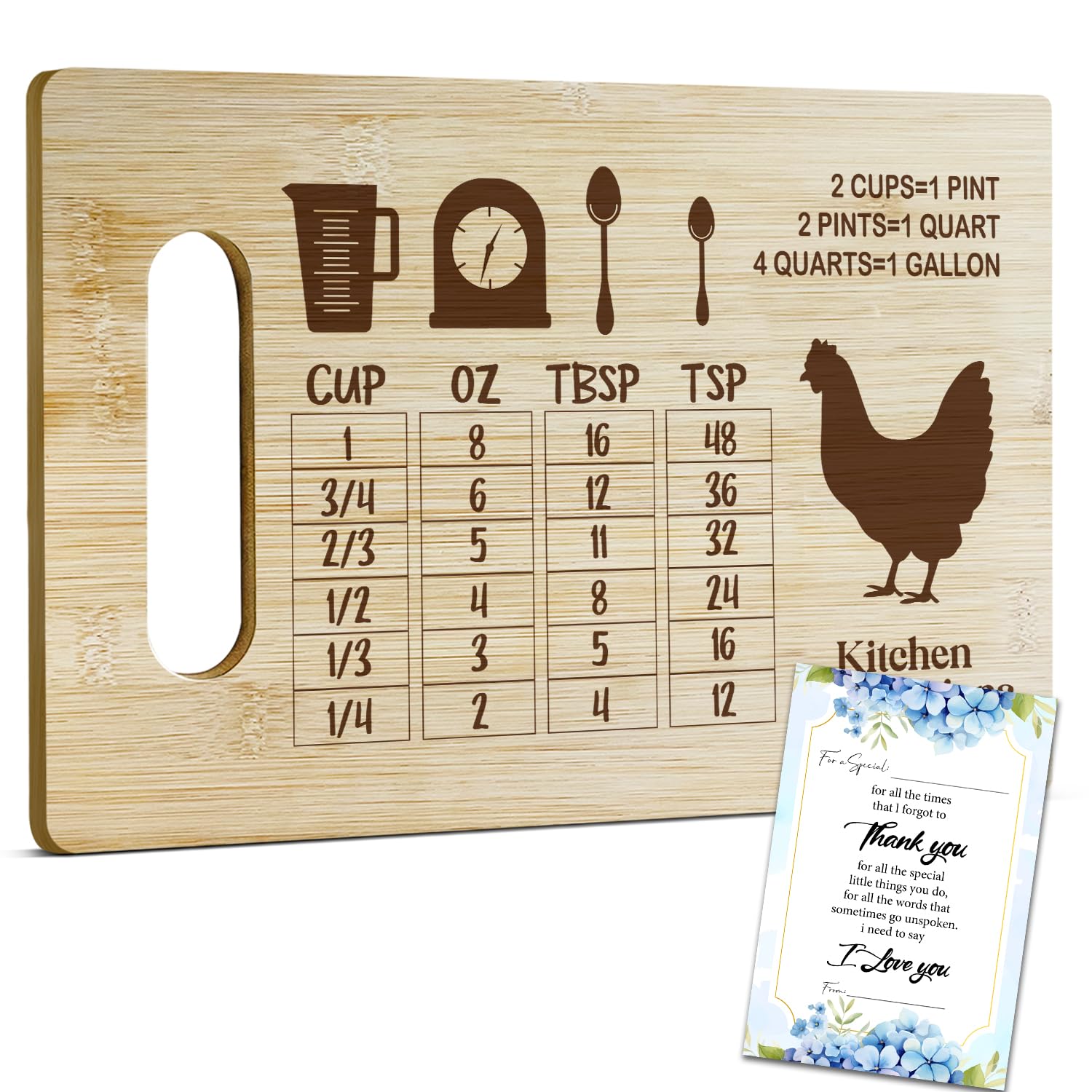 Kitchen Conversion Chart Bamboo Cutting Board, Funny Charcuterie Boards, Housewarming Thanksgiving Christmas Gifts for Friends Couple Mom, Farmhouse Home Kitchen Decor -003
