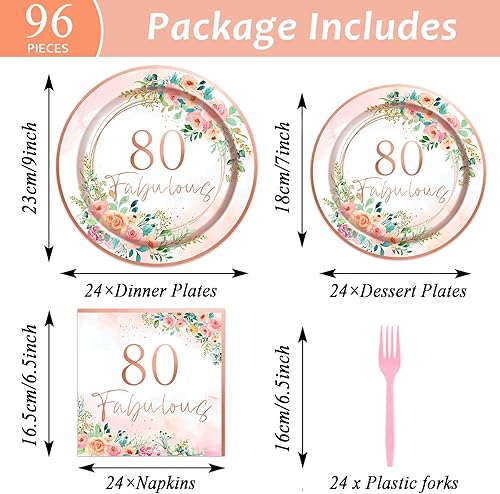 Miniatura 2 de OBUSATT 96 piezas florales de 80 fabulosos suministros de fiesta de cumpleaños número 80 platos de papel, servilletas, decoraciones de fiesta de oro