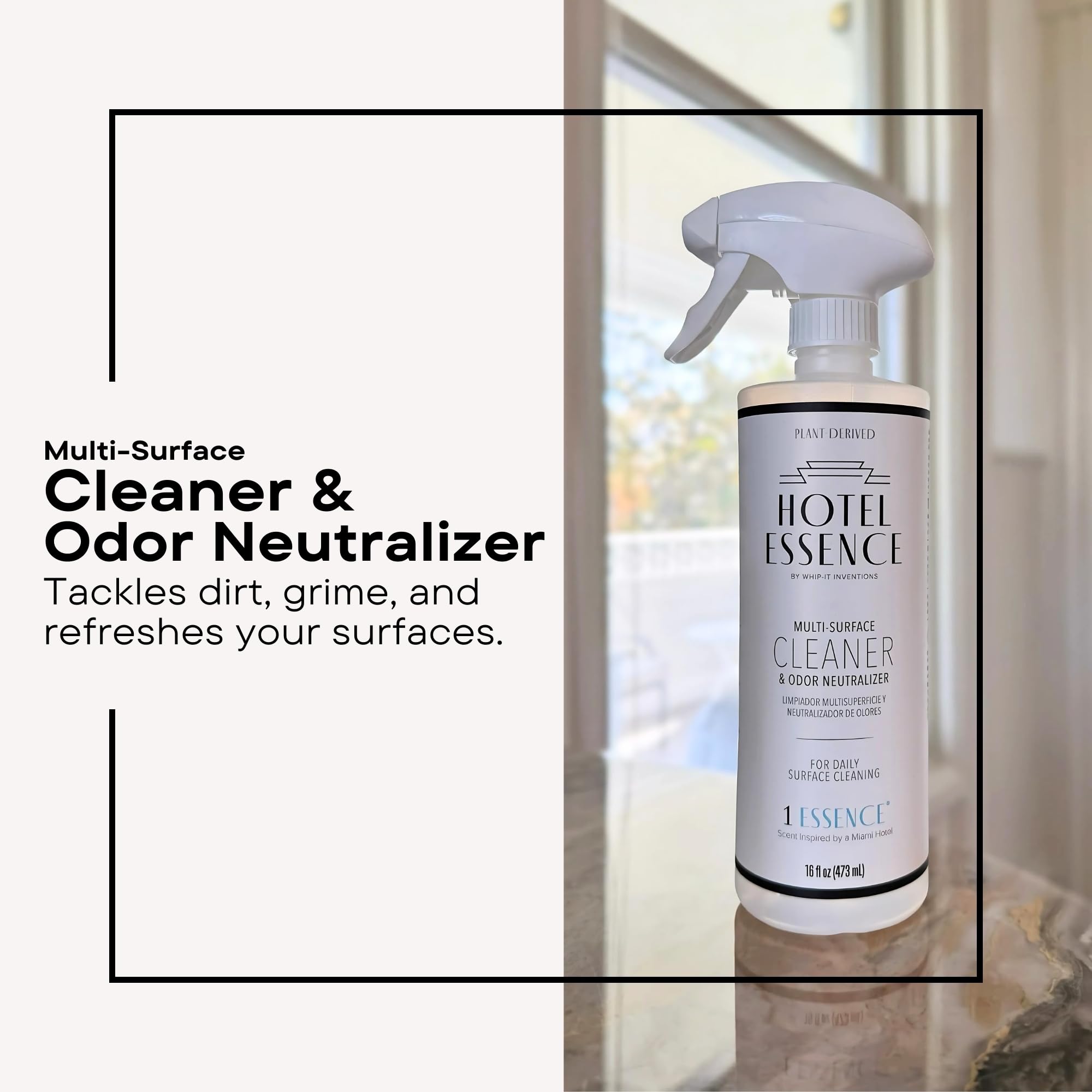 Hotel Essence Cleaner: Limpiador multisuperficie a base de plantas y neutralizador de olores, 16 onzas, cuero, cardamomo, limón, sándalo, cedro, canela, vetiver, ámbar, almizcle, iris, 16 onzas