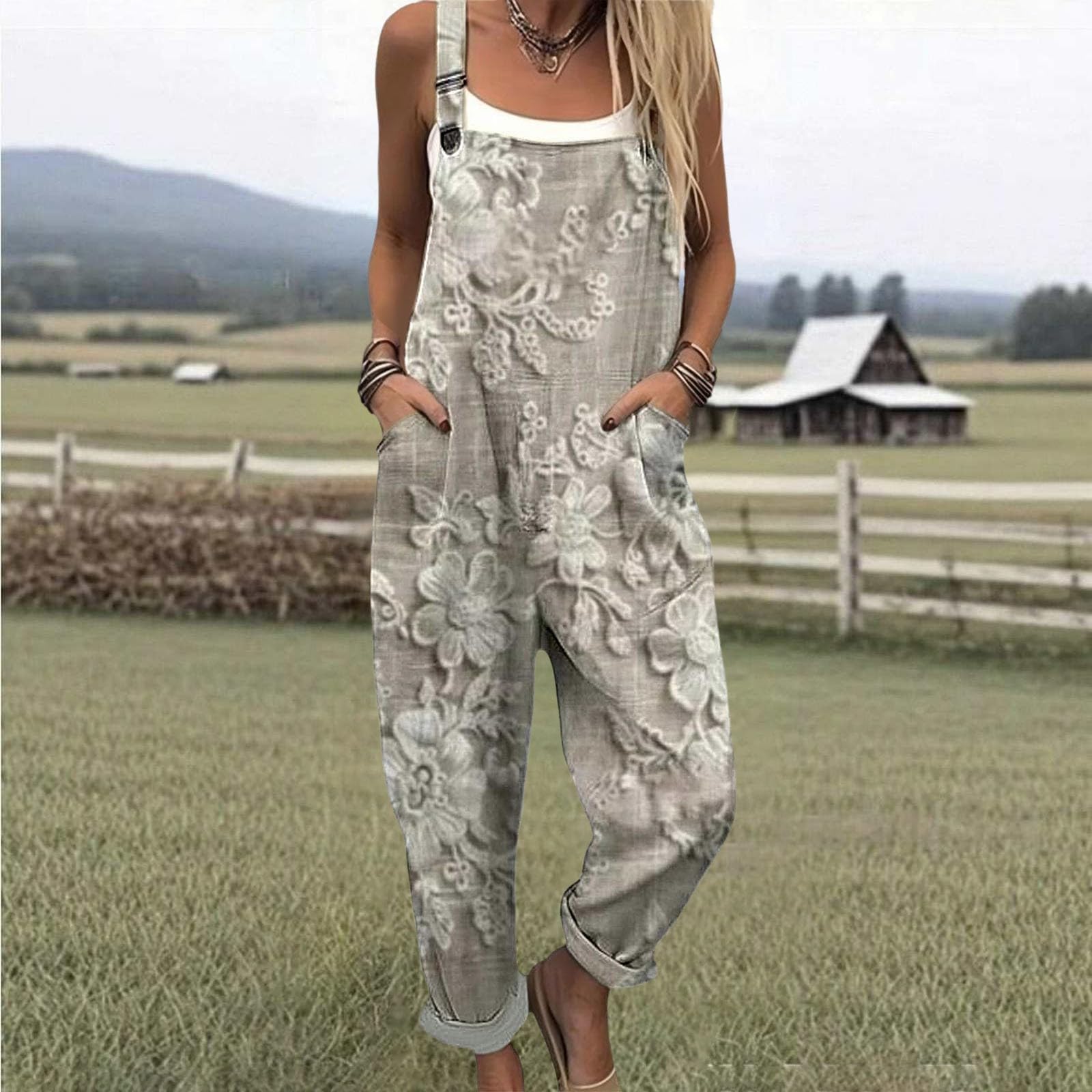 Generico Salopette Donna Estiva Lunga Elegante Tuta Jumpsuit Intera Curvy Casual Moda Stampa Jumpsuits Comoda Larga Pantaloni Da Lavoro Con Tasca Leggera Baggy, Salopettes da Casa Playsuit Spiaggia