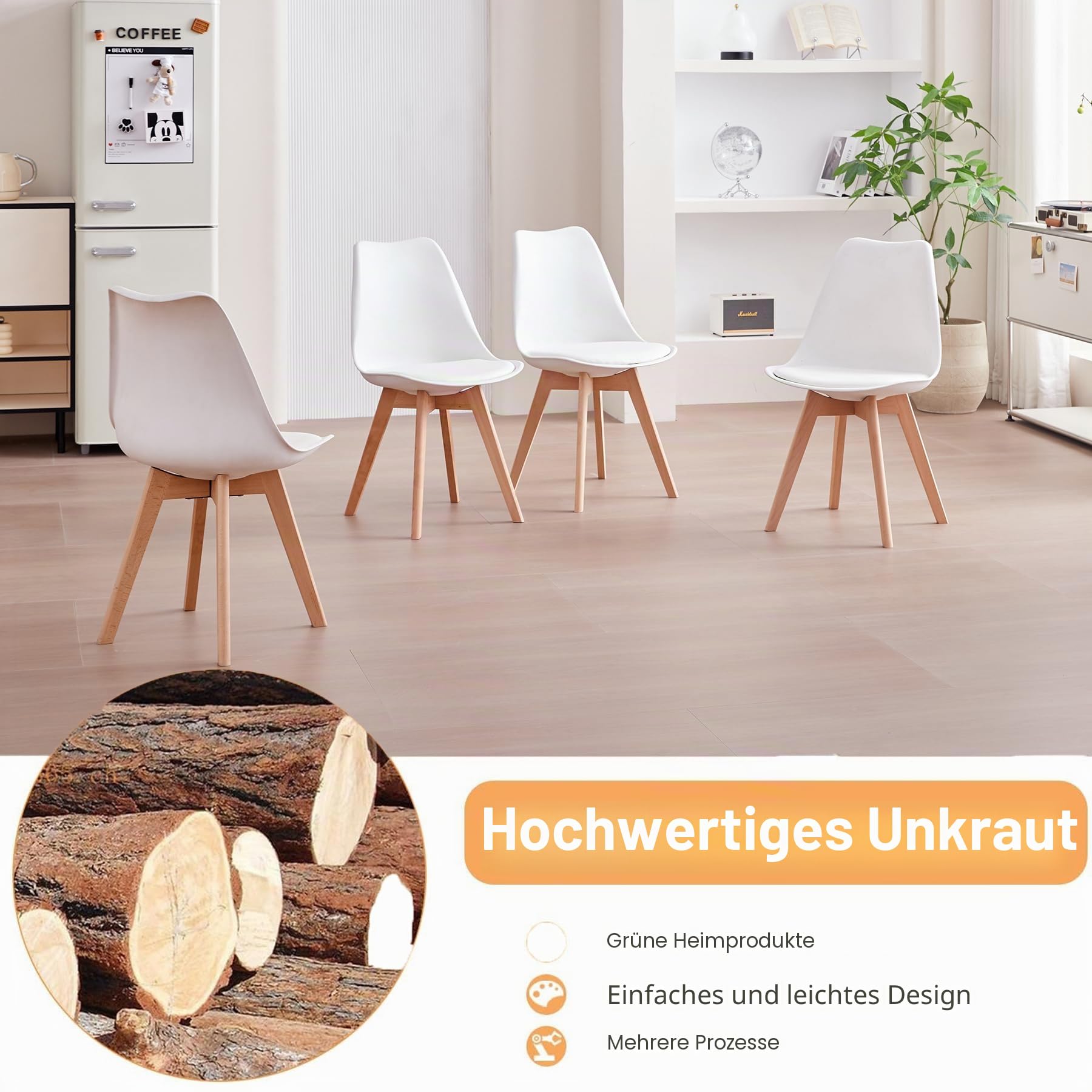 GrandCA HOME 4er-Set Esszimmerstühle, Bürostühle mit Beinen aus massiver Buche, Retro-Design, gepolsterte Stühle, Küchenstühle aus Holz, Weiß