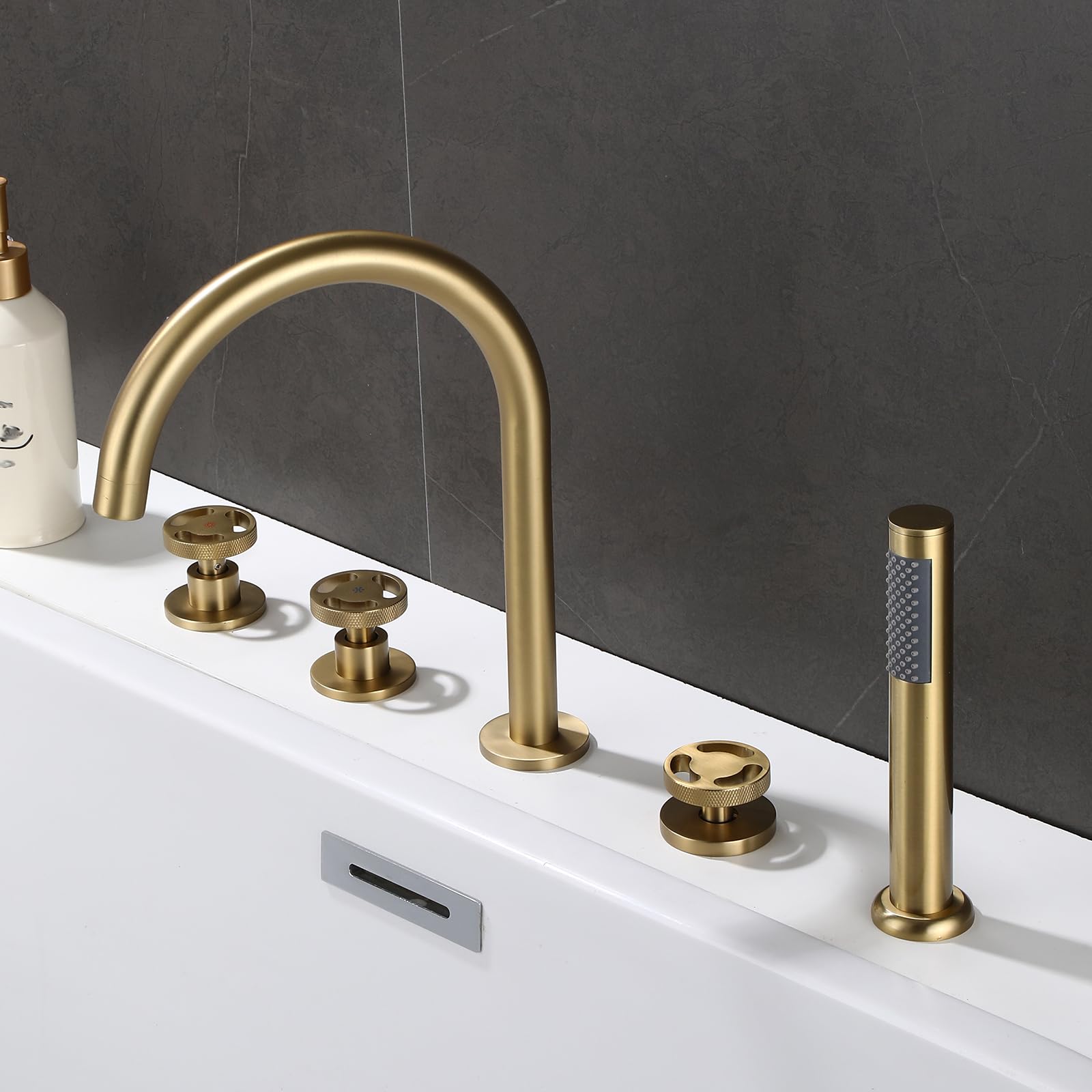 MYUYEE 5 Hole Bath Taps Set With Shower Bath Shower Mixer Tap Chrome 360 Swivel Spout Gooseneck Tap (Brushed Gold)