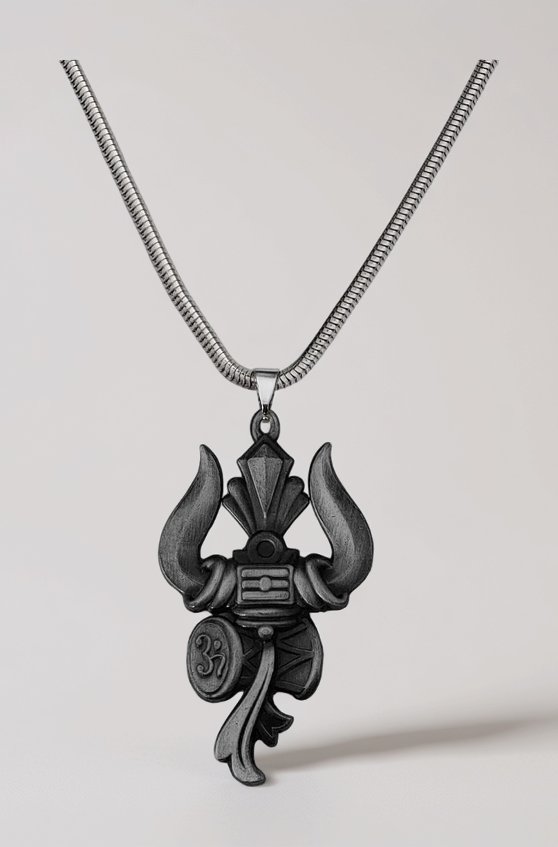M Men Style Lord Shiv Bholenath Trishul Damaru Snake Chain Grey Zinc And Metal Pendant Necklace For Men And women