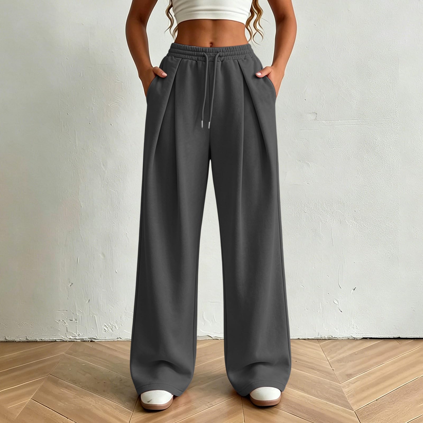 Generico Pantaloni da Jogging Donna Pantaloni Lunghi a Vita Alta Pantlone Cotone con Coulisse Regolabile Leggeri e Comodi Pantalone da Corsa con Tasche Plissettato Pants Baggy per Yoga e Fitness