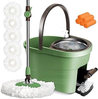 Masthome Mop and Buckets Sets, Microfiber Mop Bucket with Stainless Steel Wringer, Spin Floor Mop and Bucket Set for Hardwood Laminate Tile, Send 5 Reusable Pads & 5 Cleaning Cloth