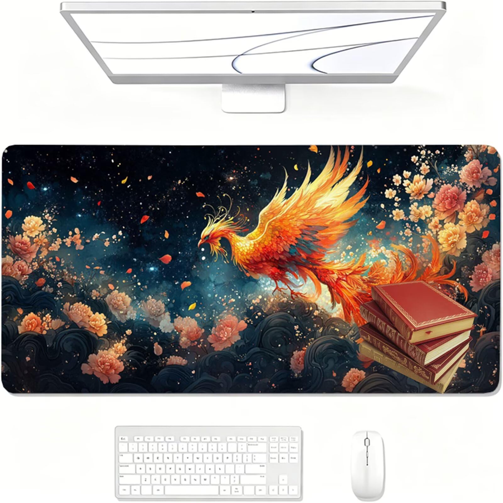 Podkładka pod mysz, 1400 x 600 x 3 MM pomarańczowa podkładka pod mysz, duża podkładka pod mysz do gier z feniksem, wodoodporna, zmywalna teksturowana, odporna na zużycie, do gier, domu i biura XF-10