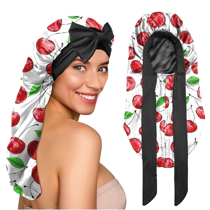 Touca de cetim dupla para cabelos longos BHAHB Cherry, ajustável, 29,01 cm x 55,0 cm x 2,01 cm