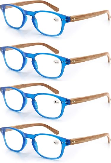 MODFANS Confezione da 4 occhiali da lettura 1.25 per uomo/donna, Cerniera a  molla,leggera,effetto legno, lente trasparente con custodia,blu :  Amazon.it: Salute e cura della persona
