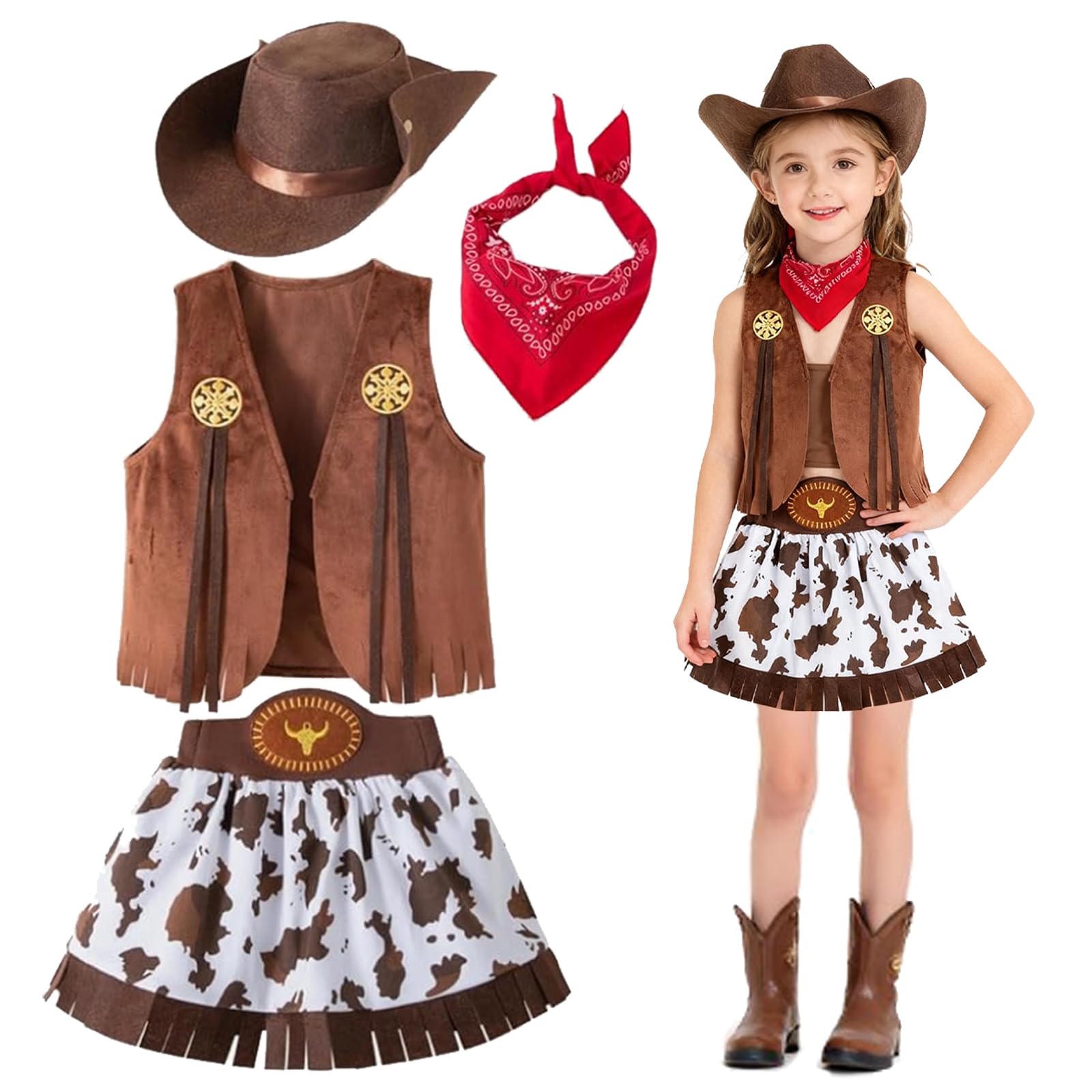 ReliBeauty Cowgirl Cowboy-kostuum voor meisjes, kinderen, met hoed en halsdoek, carnavalskostuum, kinderen, maat 140
