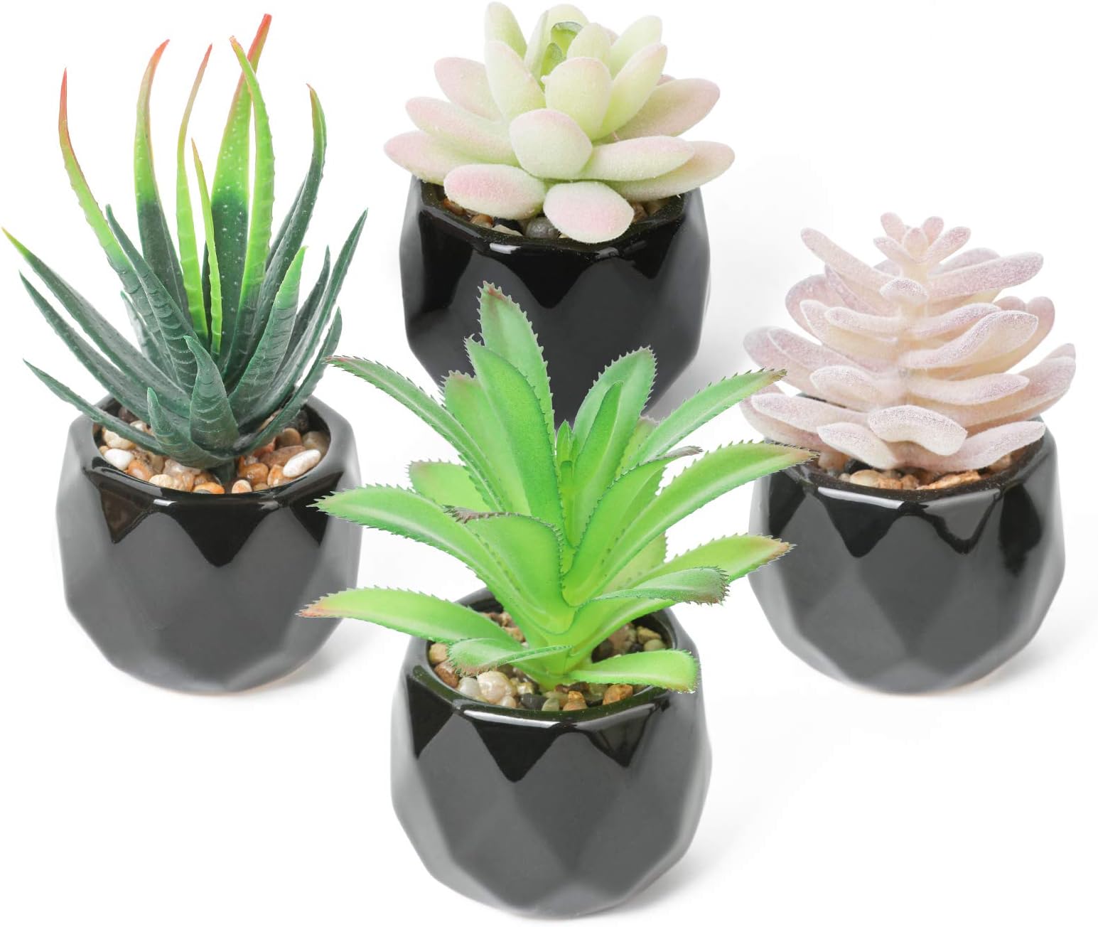 Luyue Fake Succulent Plants Mini Assorted Potted Succulents Artificial Green Plant in Black Geometric Ceramic Pots-4 Pack