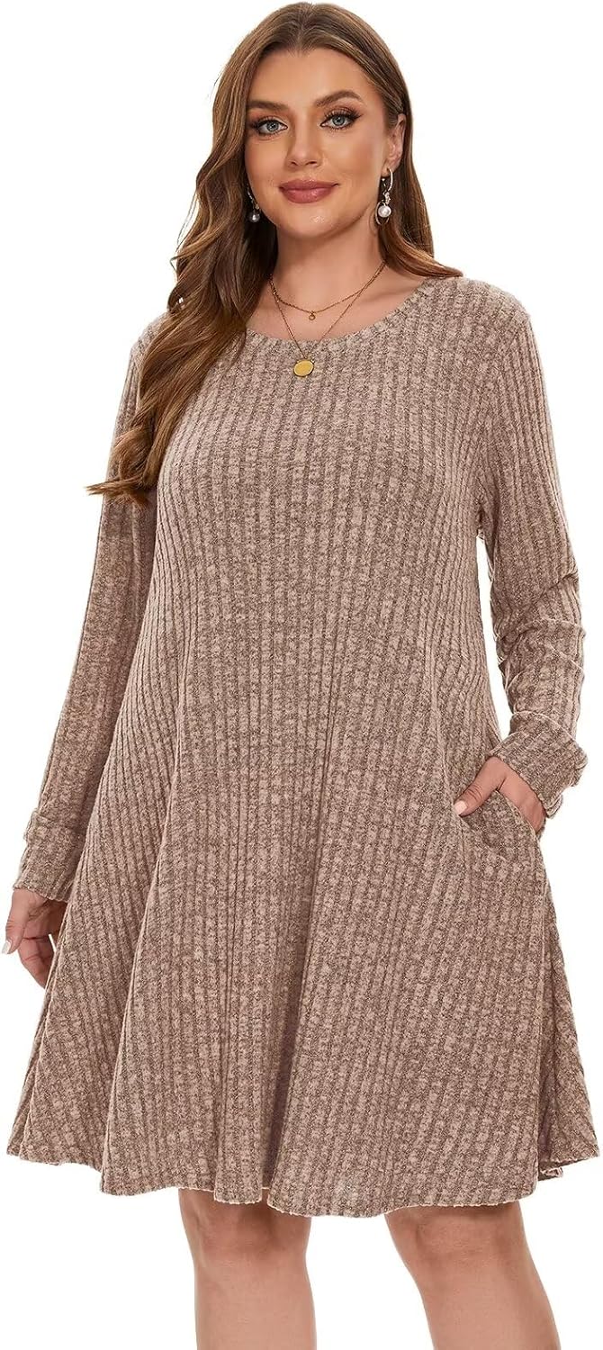 BELAROI Sweater Dress Plus Size Long Sleeve Ribbed Knit Crew Neck Casual Flowy Swing Tunic Pockets Dresses Fall Winter Oufits - Image 2