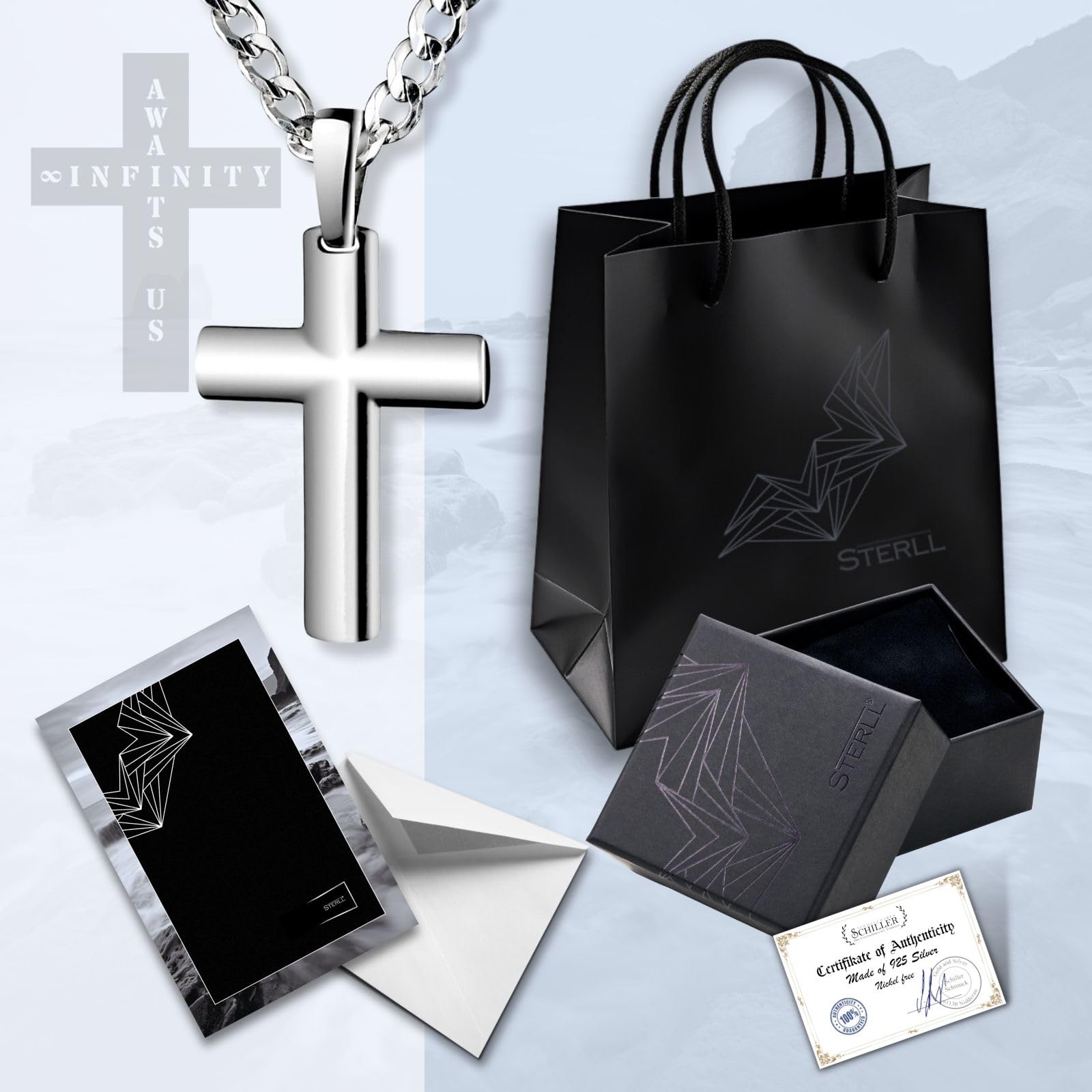 Cadena para hombre de plata 925 maciza con colgante de cruz de plata 'Infinity AWAITS US' – Ideal como regalo para marido o amigo – Incluye caja ecológica