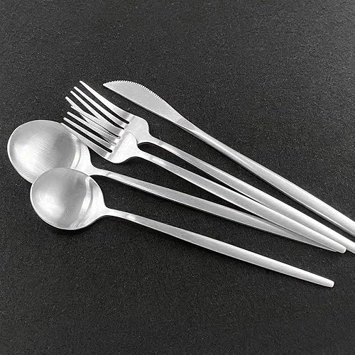 Miniatura 10 de Juego de cubiertos de 36 piezas de acero inoxidable 304 con acabado de manchas de color negro puro, cuchillo de vajilla de postre, tenedor, cuchara,