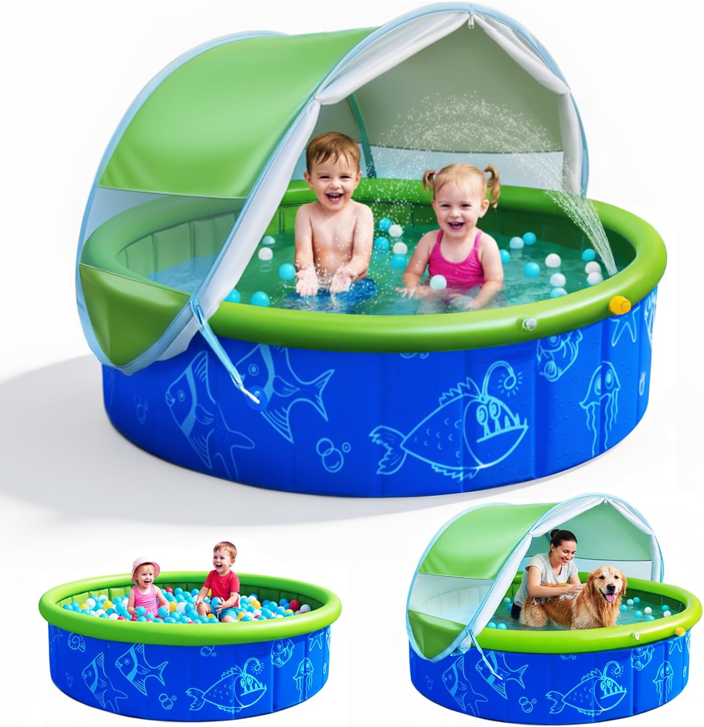 Foldable Kiddie Pool with Canopy and 20 Ocean Balls: 47in for Baby Toddler Kids- Summer Water Play Pool with Shade - Portable for Outdoor Backyard Beach