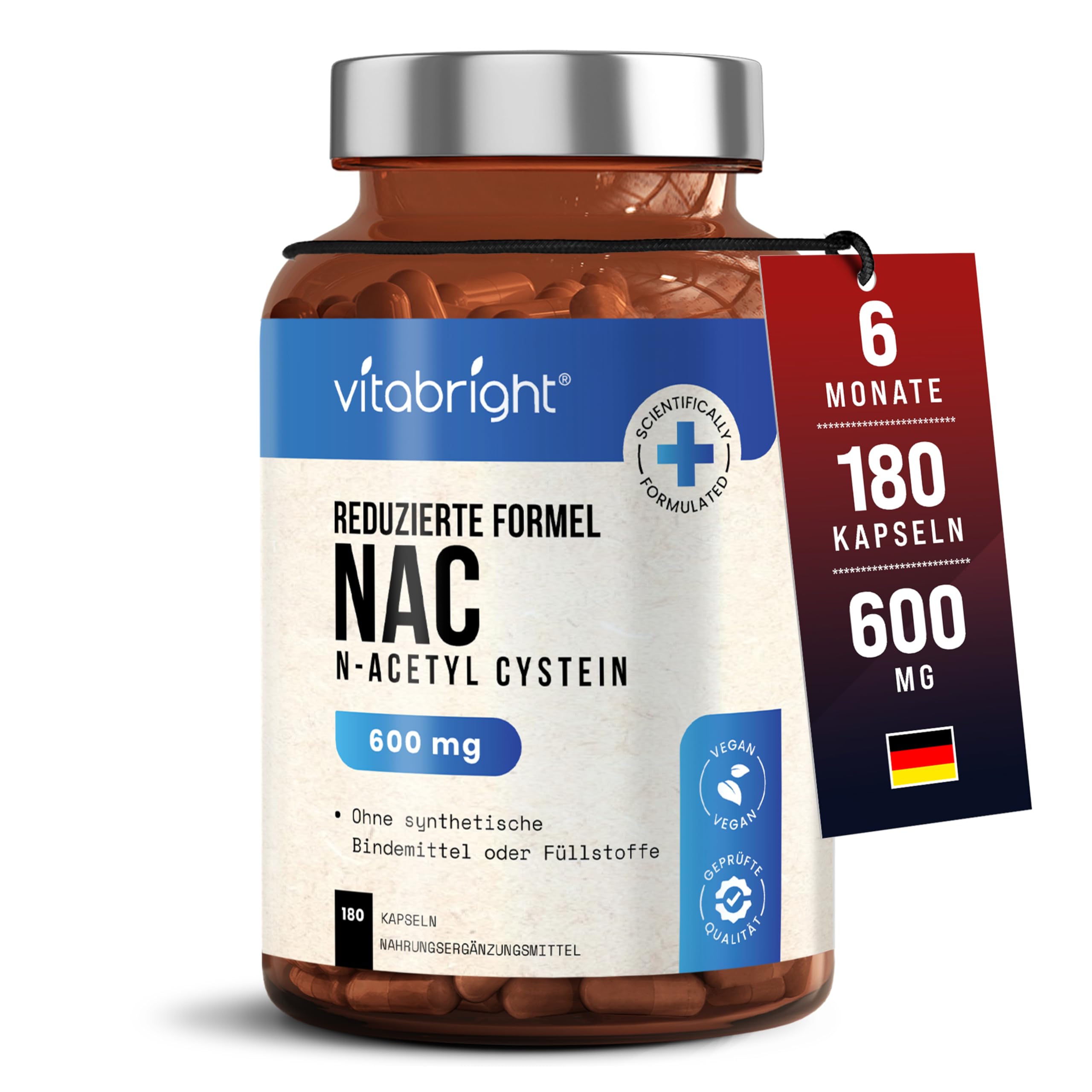 NAC 600 mg | N-Acetylcystein 180 Kapseln | 6 Monate Vorrat | Kapseln Leicht Zu Schlucken Oder Zu Öffnen | NAC 600 mg Nahrungsergänzungsmittel | VitaBright N Acetyl Cystein Supplements