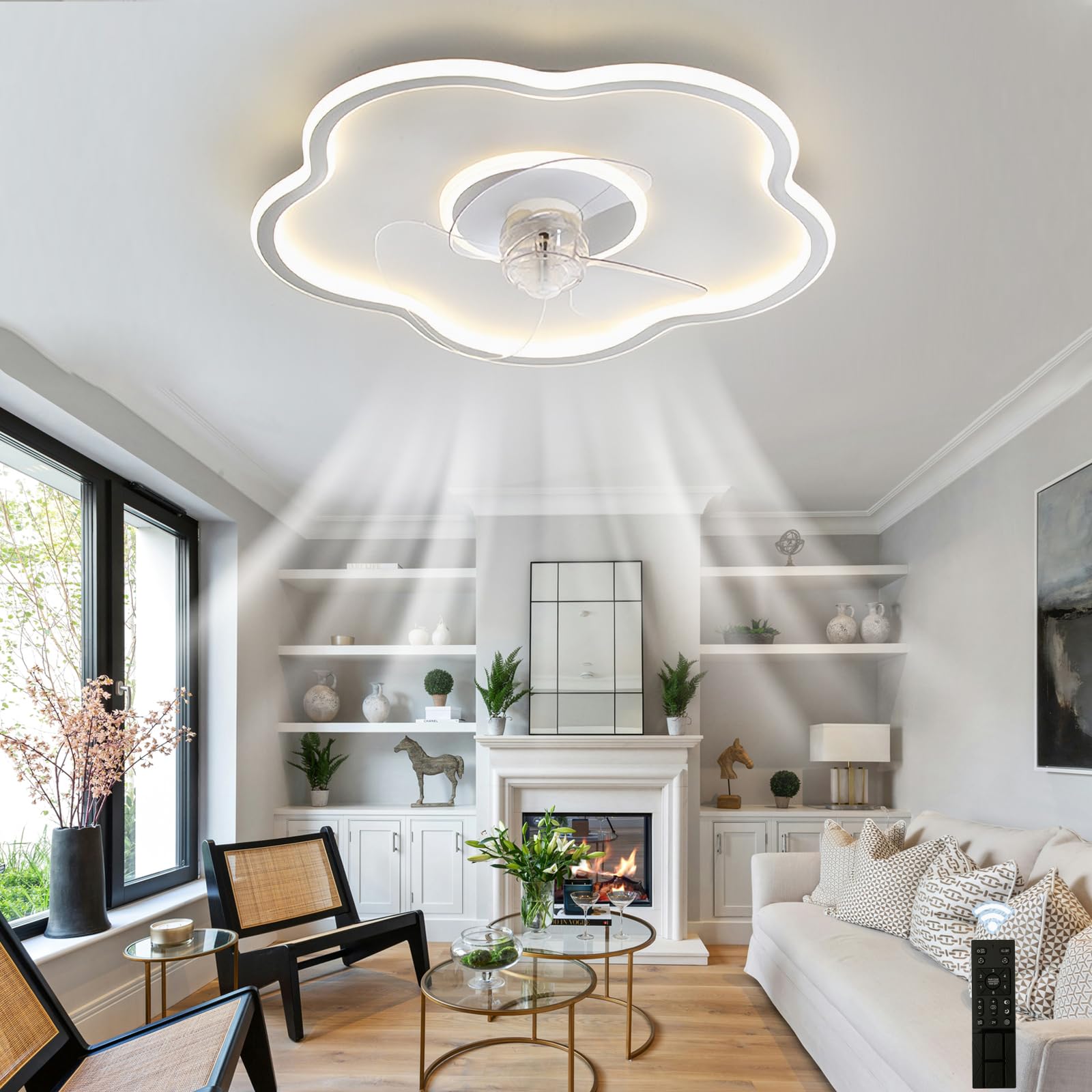 HXYSXHJUO Ceiling Fans with Lights Remote, 3 Colour Temperature Dimmable Lamps, Flower Fan Light Ceiling, Reversible, DC Motor, for Living Room, Bedroom, Study Room-White