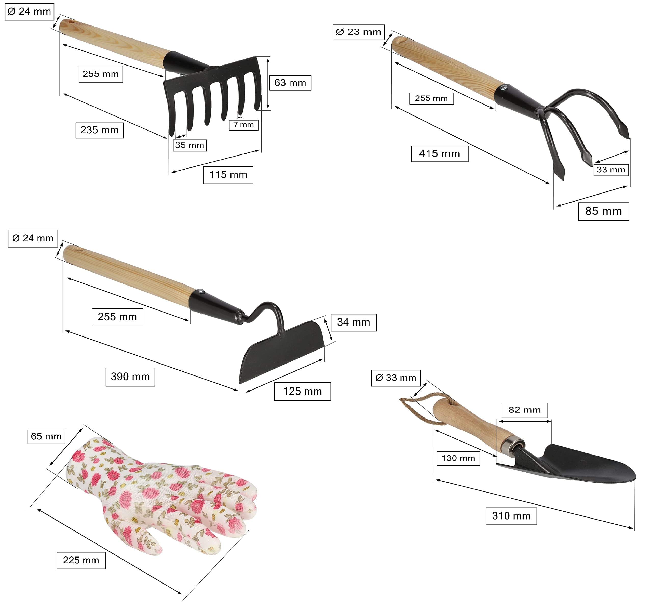 KOTARBAU® Juego de Mini Herramientas de jardín: Pala, rastrillo, escarificador, azada y Guantes, Herramientas de jardinería y huerto, Kit de jardinería, Herramientas de Acero con Mango de Madera