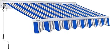 MA1210-A447H2 Luxury Series, Premium Quality Manual Retractable Patio Awning, 100% Solution Dyed European Acrylic Easy UV Sunshade Manual Hand Crank, 12x10, Ocean Blue - Sand Beige Stripes