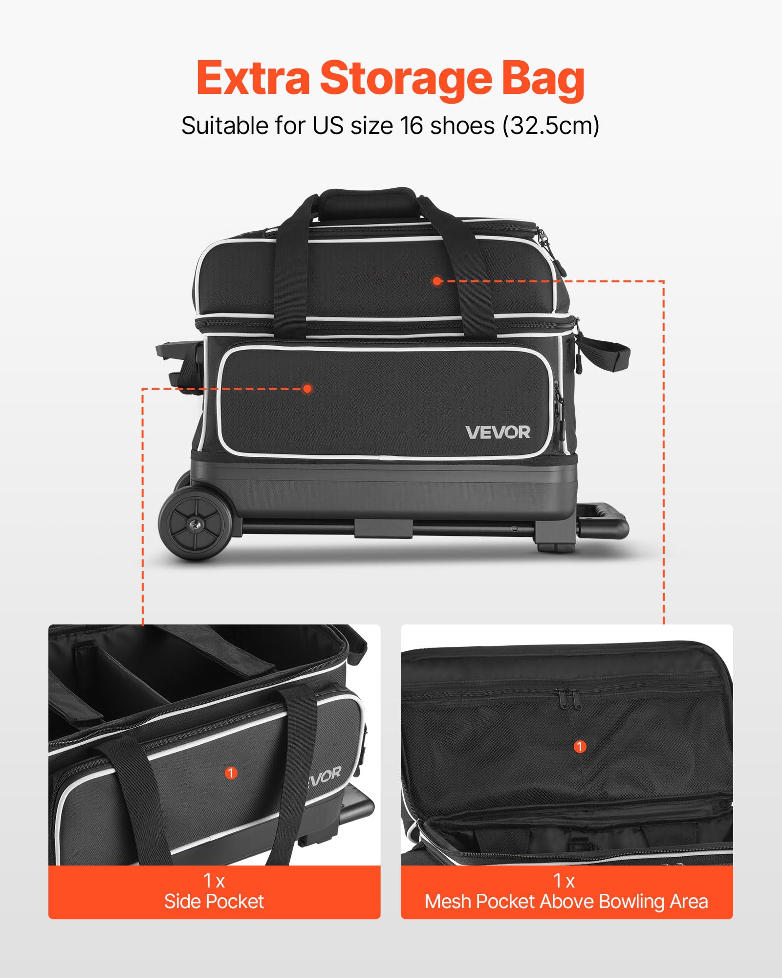 VEVOR Bolsa para 2 Bolas con Ruedas Dobles, Compartimento Separado para Zapatos hasta Talla 16 de EE. UU. y Bolsillo Extragrande para Accesorios. Asa Retráctil hasta 105 cm, 570 x 270 x 400 mm