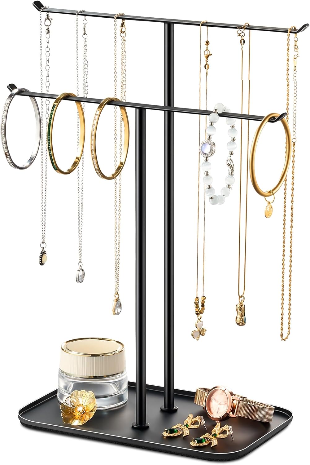 pickpiff necklace holder jewelry organizer stand – 2?tier t?bar jewelry display tree with tray for countertop necklace bracelet earring storage, vanity dresser bathroom sink, black