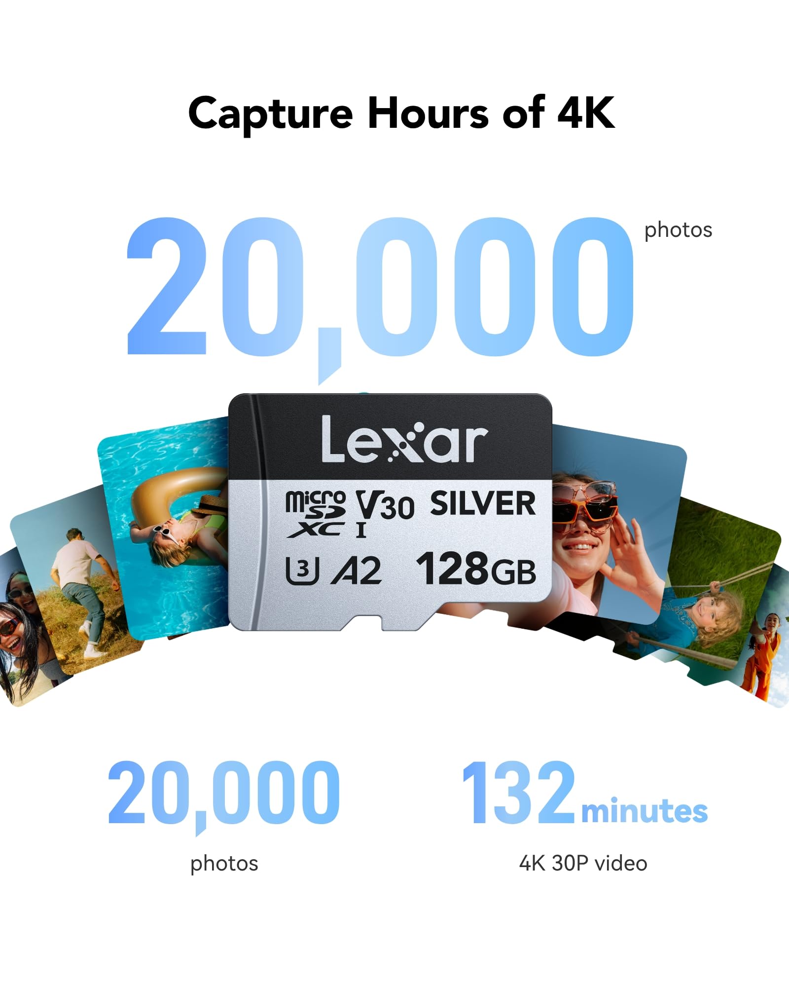 Lexar Silver Micro SD Card 128 GB, fino a 205 MB/s in lettura, TF Card | Microsdxc, 100 MB/s in scrittura, scheda di memoria micro SD+ adattatore, A2, U3, Classe 10, V30, Full HD e 4K UHD Video