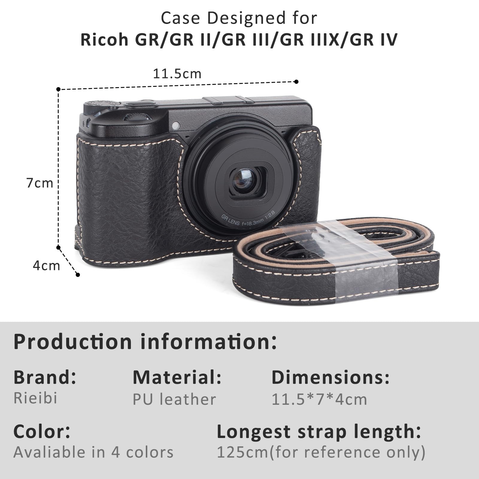 Rieibi Tasche für Ricoh GR III/GR IIIx/GR IV Kamera, abnehmbare PU Leder Schutzhülle für Ricoh GR Serie Kamera mit verstellbarem Schultergurt, Schwarz