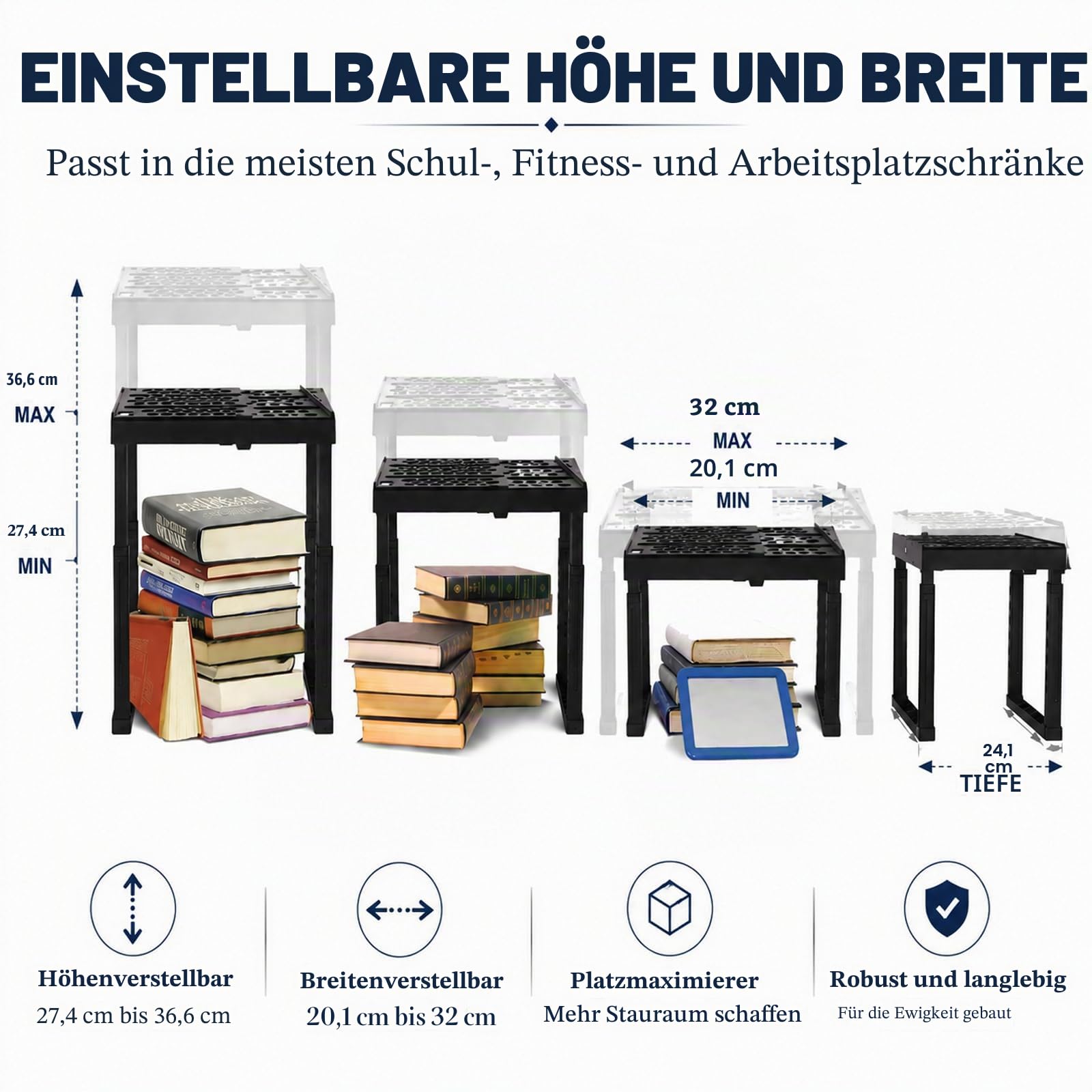Verstellbare Höhe und Breite Schulschrank-Organizer, stapelbarer Organizer, für Fitnessstudio- und Büro-Schrank-Utensilien, Schwarz