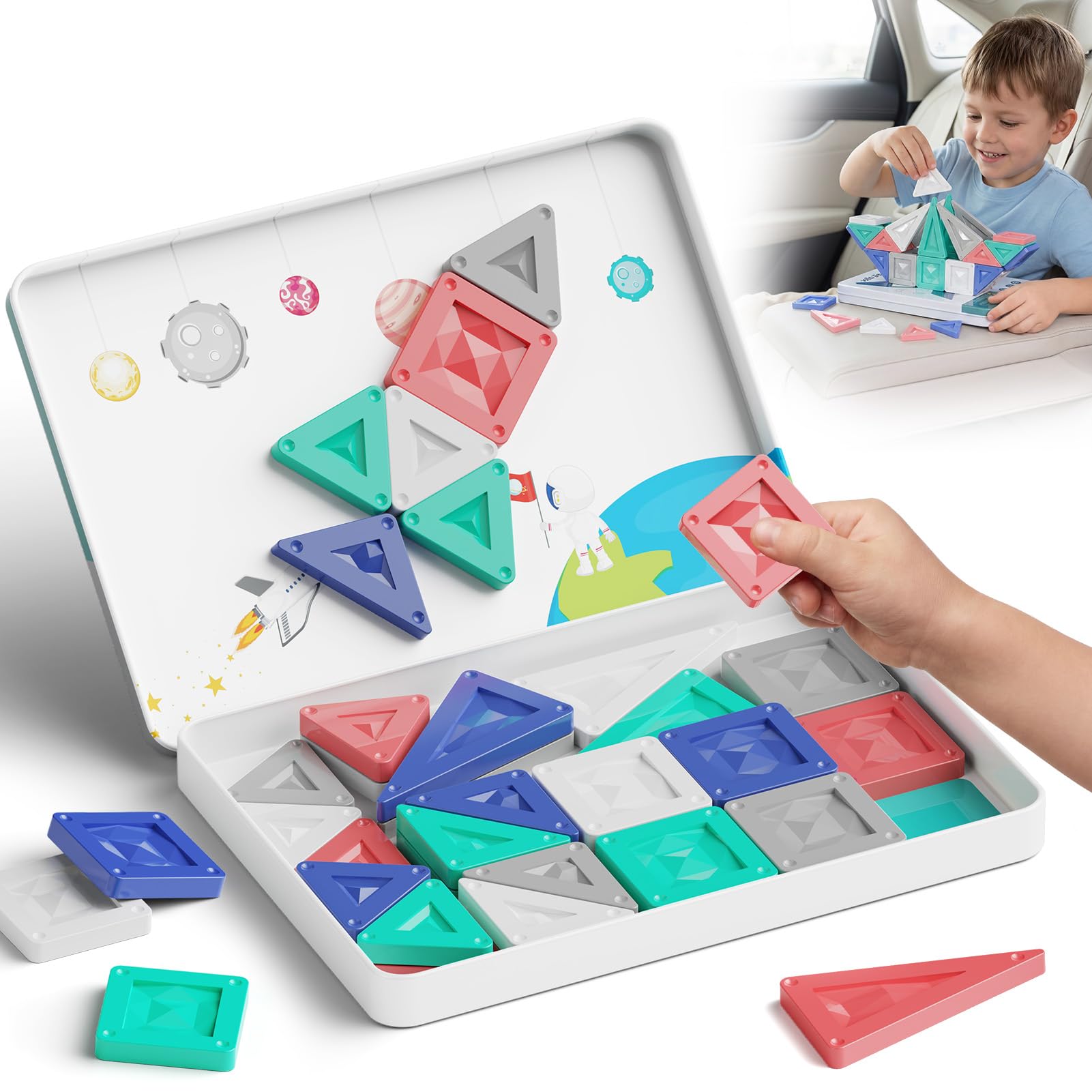 YOGOHEE Magnetbausteine Reise Jungen: 40 Teile Morandi Magnetische Bausteine mit Metallbox gegen Weinen - 120 Min Ruhiges Spielen 30s Aufräumen - Flugzeug Auto Spielzeug ab 3 4 5 6 Jahre