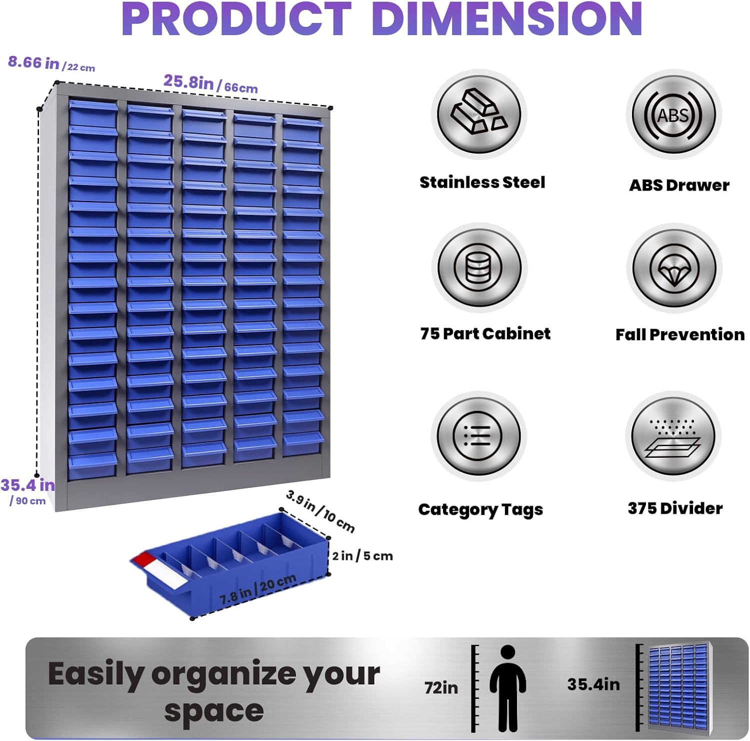75 Drawers Nut and Bolt Organizer, Bolt and Nut Tool Storage Cabinet with Acrylic Adjustable Shelves & Label Stickers, Alloy Steel Parts Cabinet for Workshop Garage Organizer (36" H x 26" D x 9" W)