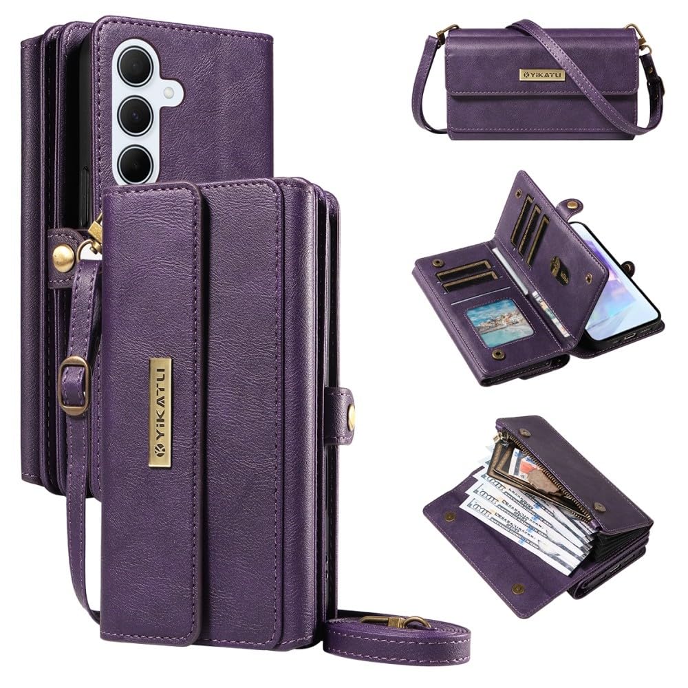 Generic Compatible con Samsung Galaxy A55 5G (color púrpura) Cartera con cremallera de piel con solapa magnética y correa para el hombro