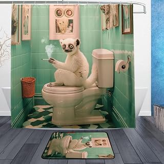 Shower Curtain Decorative Long Bathroom Water Repellent 72"x72", Resistant Washable Shower Curtain Liners with Non-Slip Rugs,Bathroom Set with 12, Cute Lemur Retro Toilet Smoking