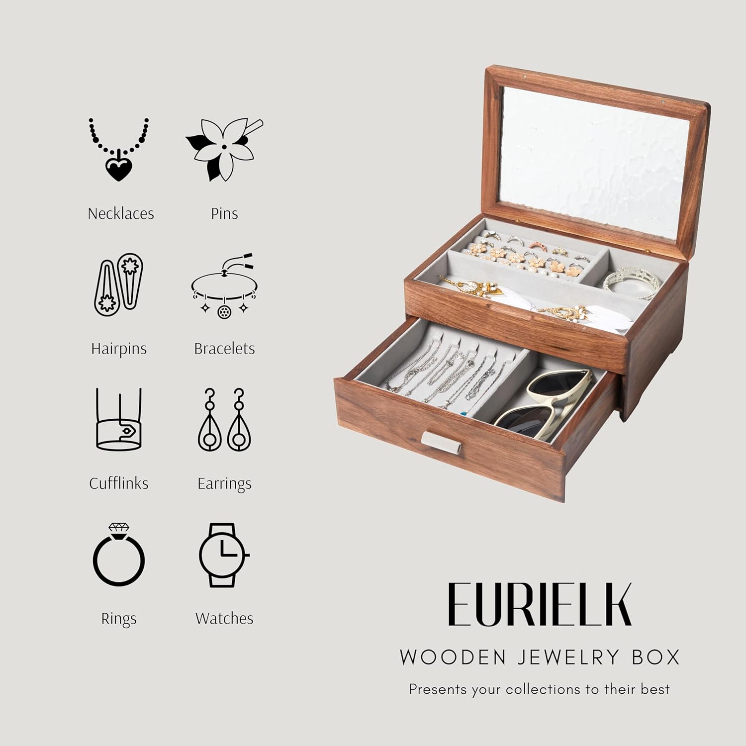 Wooden Jewelry Box, Large Size Case, Natural Solid Walnut Wood Vintage Trinket Organizer with 2-Layer Storage, Drawer, Ring Compartments, Necklace Hooks, Glass Lid, ek06-b-walnut - Image 6