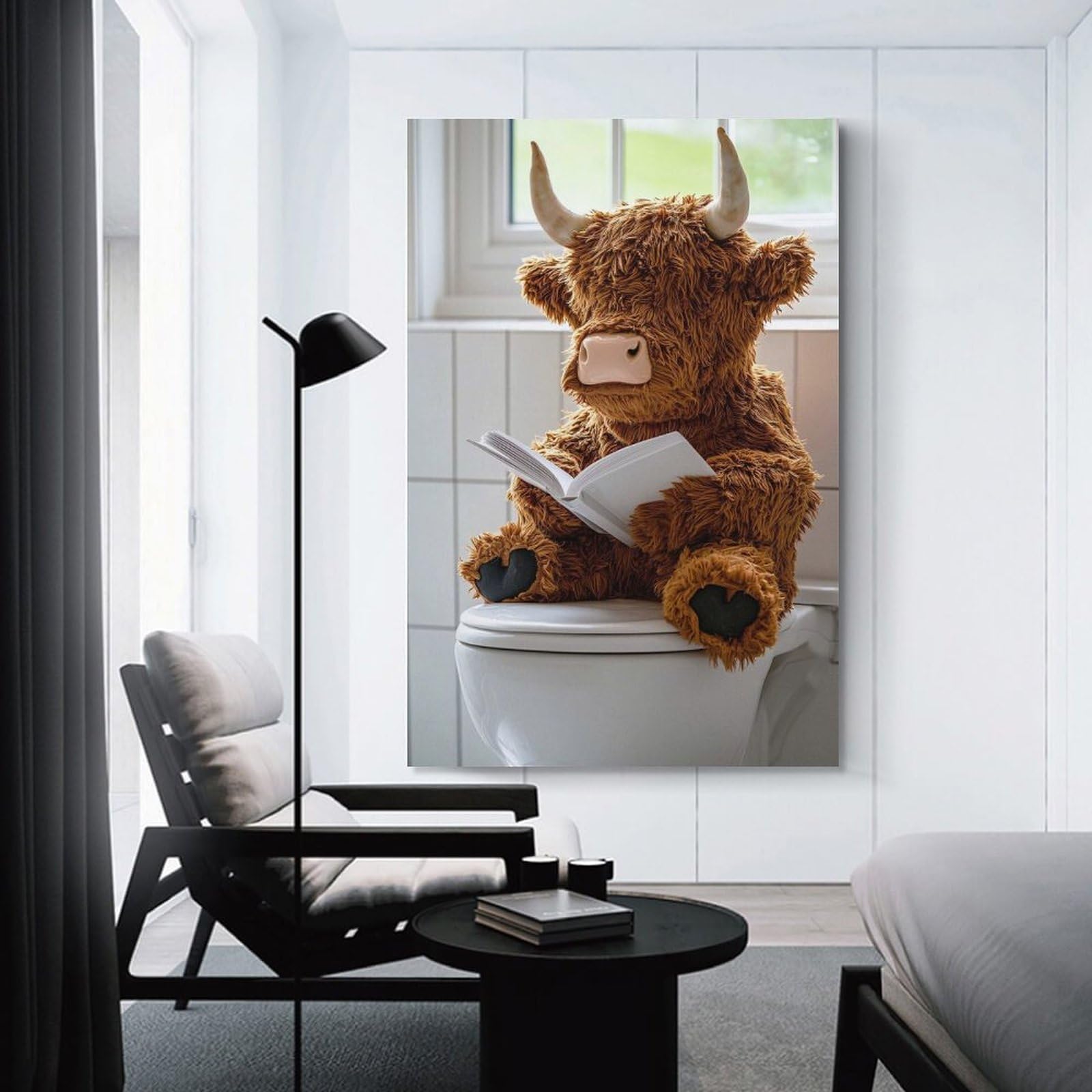 Junmoney Unframe-Style-10 Highland Cow Plush Reading On Toilet Decorative Canvas Print, 08X12inch(20X30cm), For Home, Office, Studio Or Guest Room, Versatile Wall Decor For Many Rooms