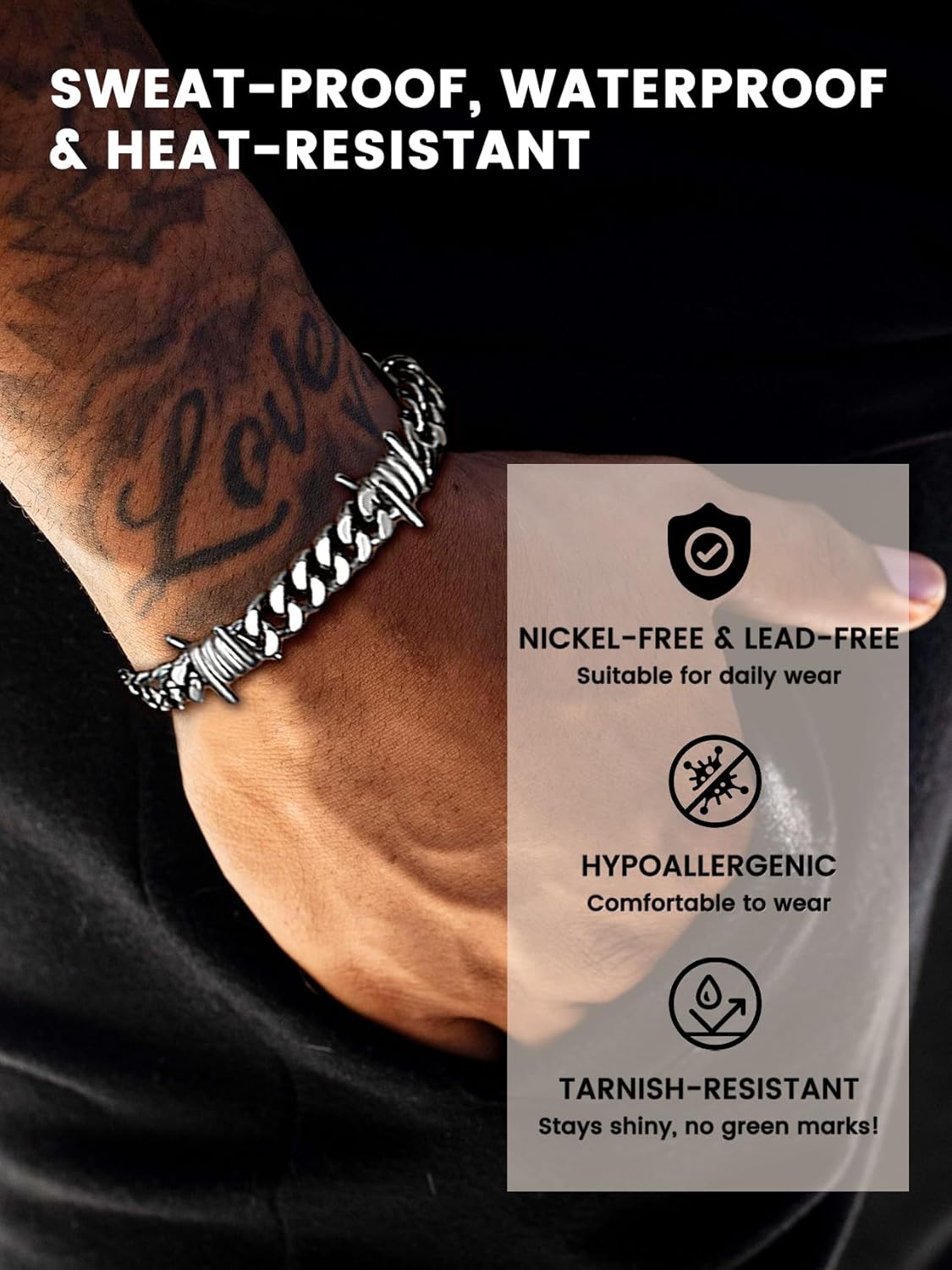 Bestyle Barbed Wire Bracelets 7/9mm Thick Heavy Men Hand Chain Unisex Stainless Steel/Gold/Black Cuban Chain Bracelet Punk Gothic Bracelets for Men Women - Image 3