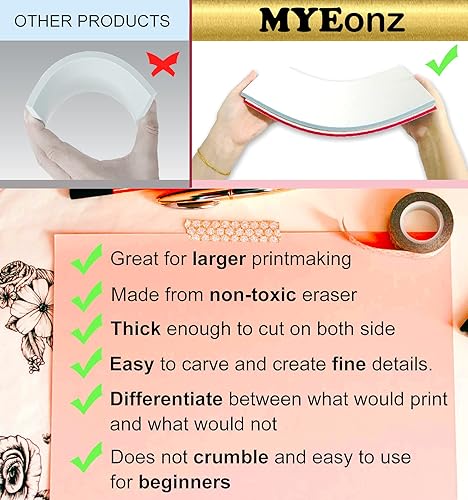 Miniatura 4 de 2 bloques de goma grandes de 11.7 x 8.3 pulgadas para impresión cw, 5 papeles de calco, perfecto y fácil de tallar, bloque de linóleo de goma suave