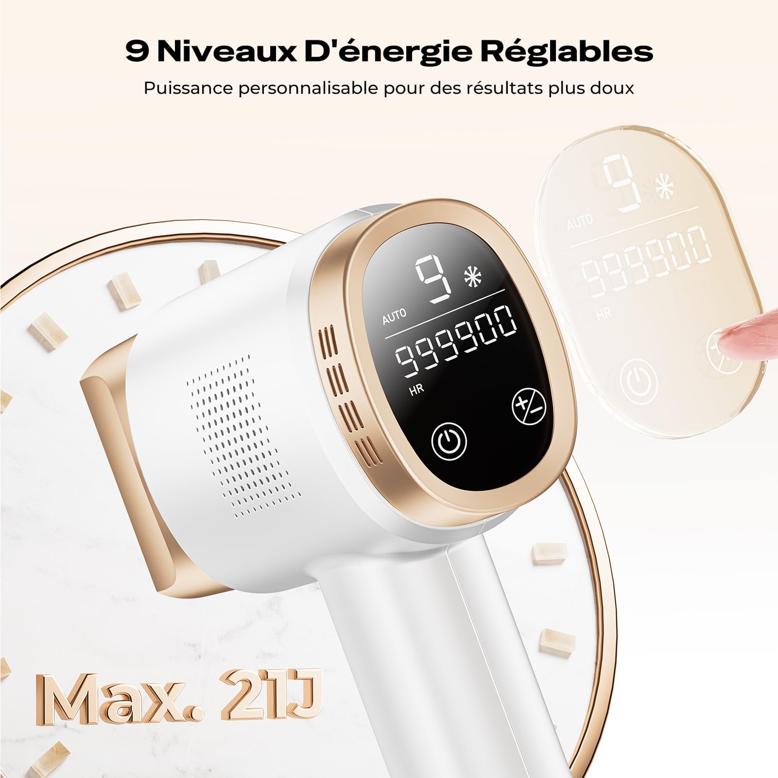 Épilateur Lumière Pulsée 21J avec Système de Refroidissement à 8 °C, 9 Niveaux et Lumière Rouge 600 nm, Écran Tactile LCD, Épilation Laser pour Visage, Bras, Maillot, Femmes et Hommes, Blanc