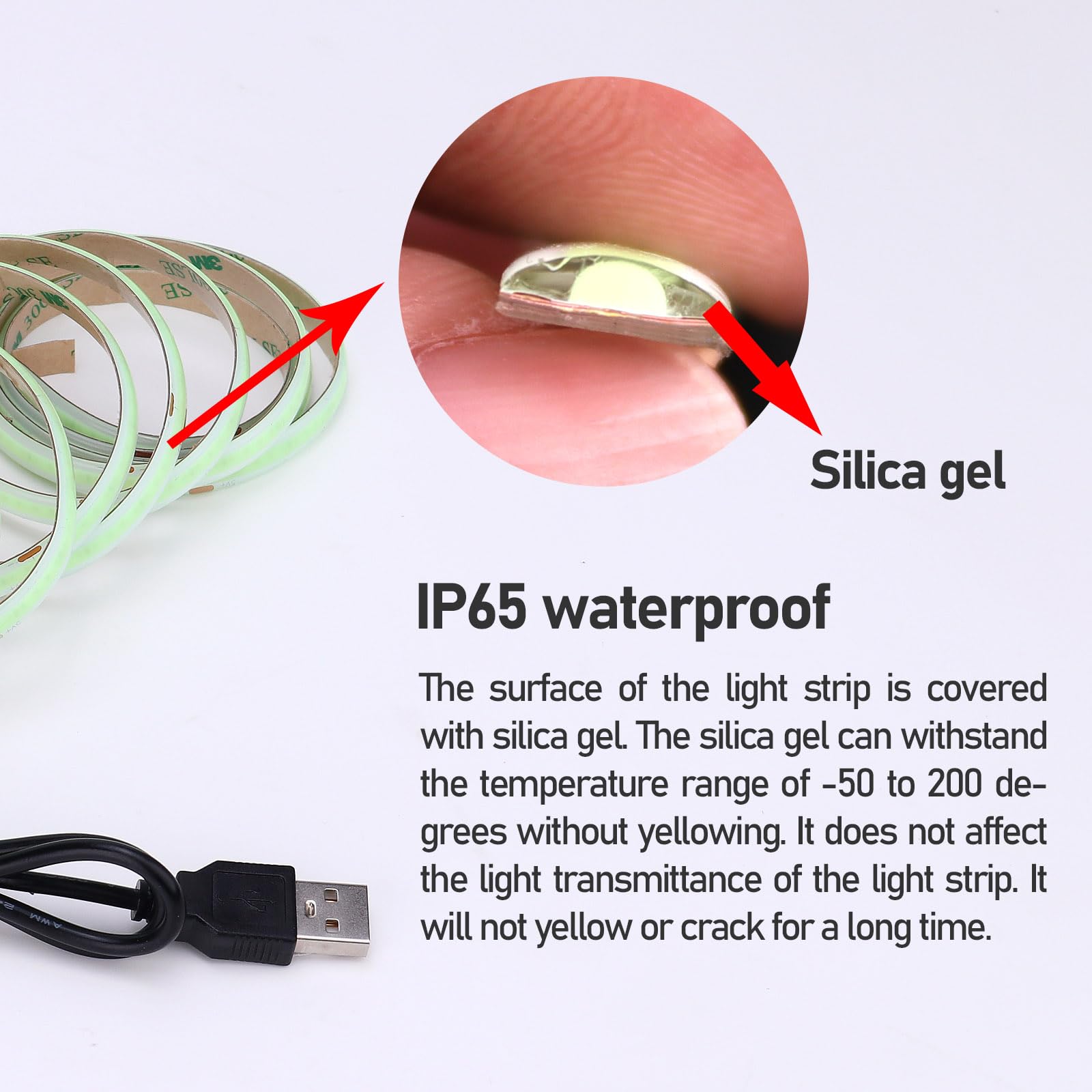 Tira de luz LED azul hielo COB de 5 V CC de 5 V, regulable, alimentada por USB, 6.5 pies/2 m, IP65, impermeable, 640 LED con atenuador, luces LED flexibles de alto brillo