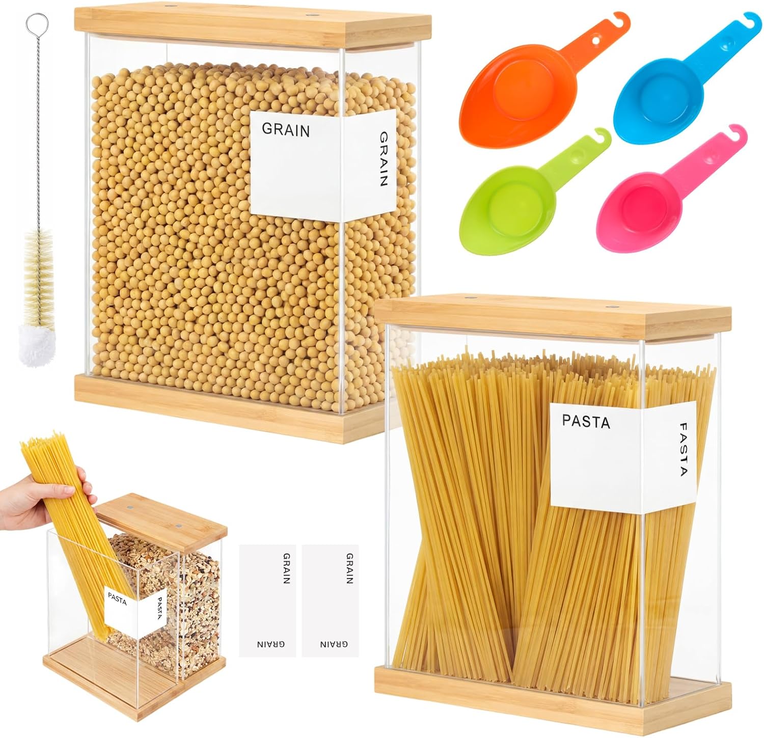 2 Pcs 4L Bamboo Food Dispenser Kitchen Organizers and Storage with Labels Airtight Pantry Organizers and Storage Container with Measuring Cups for Cereal, Rice, Flour, Sugar, Snack