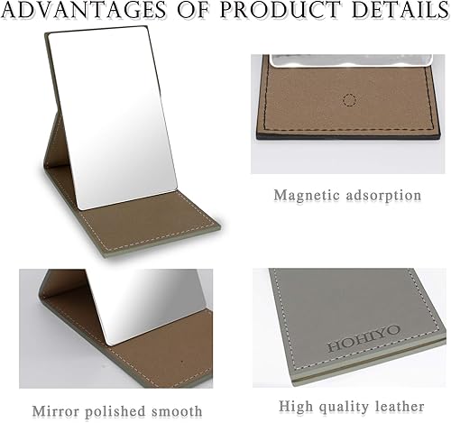 Miniatura 5 de Espejo compacto, irrompible e irrompible, de acero inoxidable, plegable, pequeño espejo de viaje con funda de piel sintética para maquillaje,