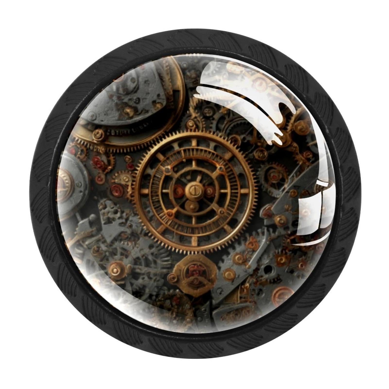 CHENZZZZ 4 Pack Drawer Knobs, Black Handle Dresser Drawer Pulls, Round Decoration Cabinet Hardware Pulls with Screws for Kitchen Cupboard Wardrobe, Steampunk Gears Background (8)