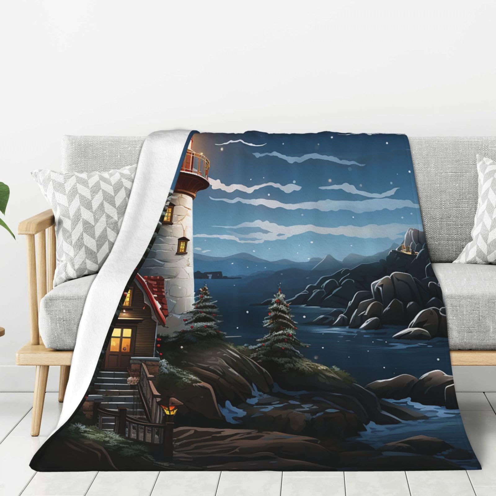 Santa Claus Lighthouse Throw Blanket Plush Flannel Fleece Blanket, Soft Lightweight Cozy Blankets 80"X60" for Bed Couch Sofa Travel