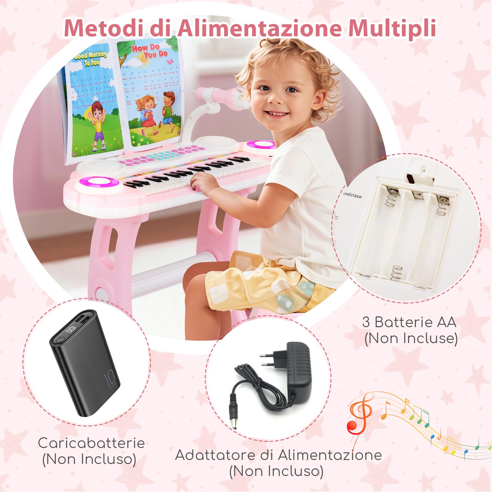 COSTWAY Set Pianoforte Digitale 37 Tasti per Bambini, Tastiera Elettronica con Microfono Sgabello, 8 Ritmi e 8 Strumenti, Funzioni di Record e Playback, Pianoforte Giocattolo per Ragazzi 3+Anni (Rosa)