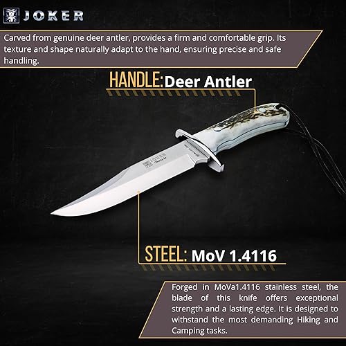 Miniatura 5 de Joker Bowie CC96 Cuchillo de caza de 6.3 pulgadas de espiga completa - Hoja de acero inoxidable Mova 1.4116 - Mango de asta de ciervo - Funda de